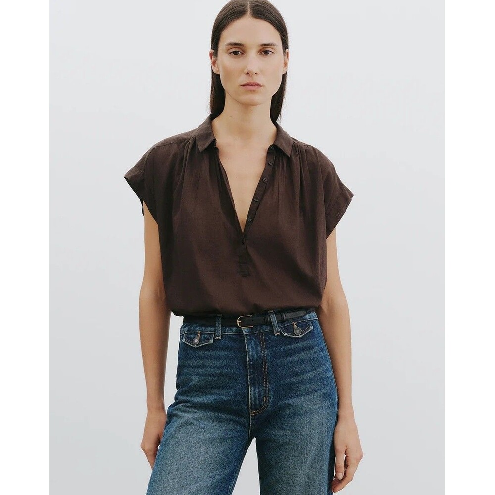 Nili Lotan Normandy Blouse Shirt Top Cotton Collared Oversized Brown XS 287837
